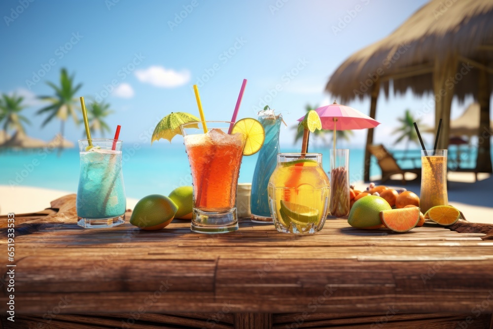 Poster A wooden table showcasing a variety of different types of drinks. This versatile image can be used to illustrate beverage options, bar scenes, or social gatherings.
