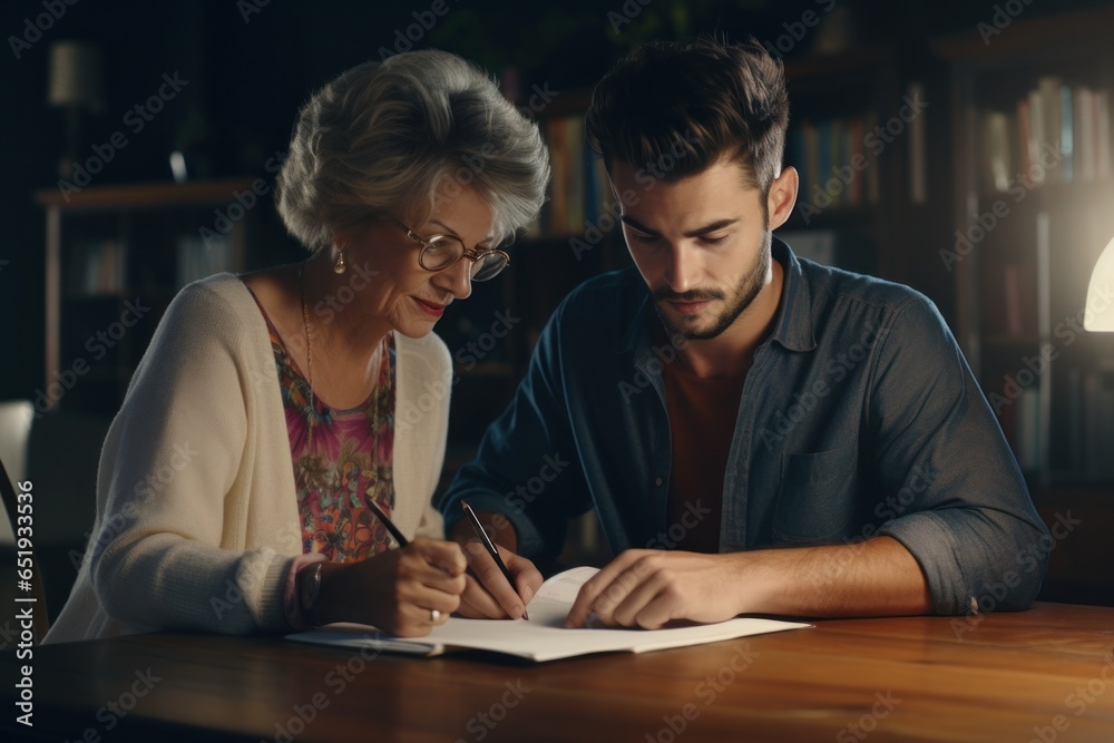 Poster a picture of a man and a woman sitting at a table writing. this image can be used to depict collabor