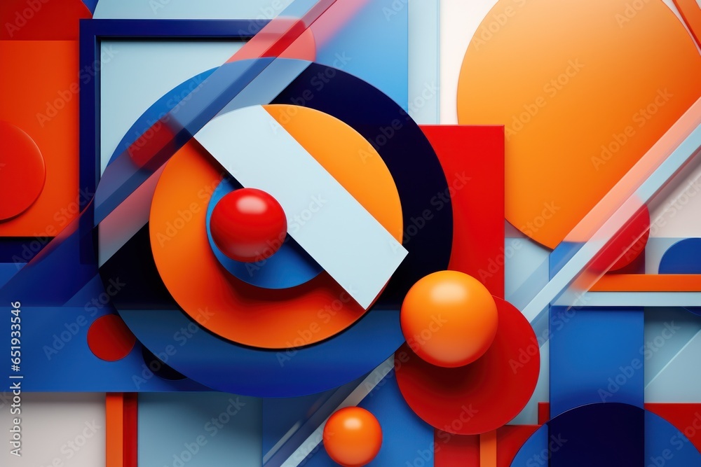 Poster An abstract painting featuring vibrant circles and squares. This artwork can be used to add a pop of color and modernity to any space.