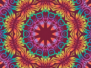 Beautiful colourful caleidoscope gradient batik ethnic dayak flowers line art pattern