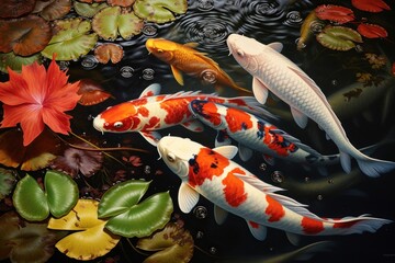 A group of colorful koi fish gracefully swimming in a serene pond. Perfect for adding a touch of nature to any design.