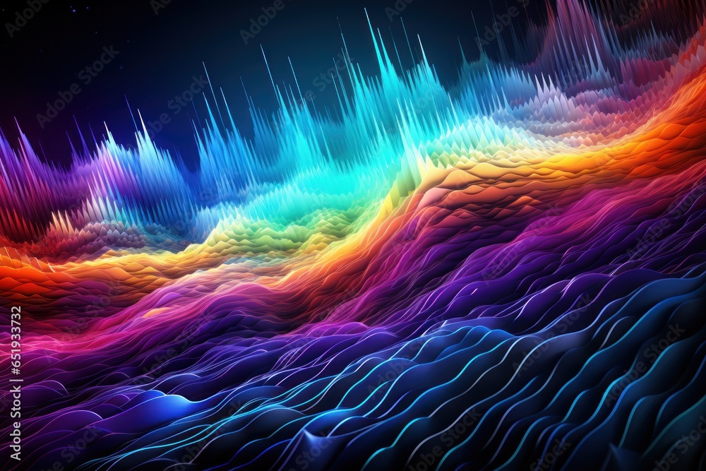 Poster A vibrant rainbow colored wave pattern displayed against a sleek black background. Perfect for adding a pop of color to any project or design.