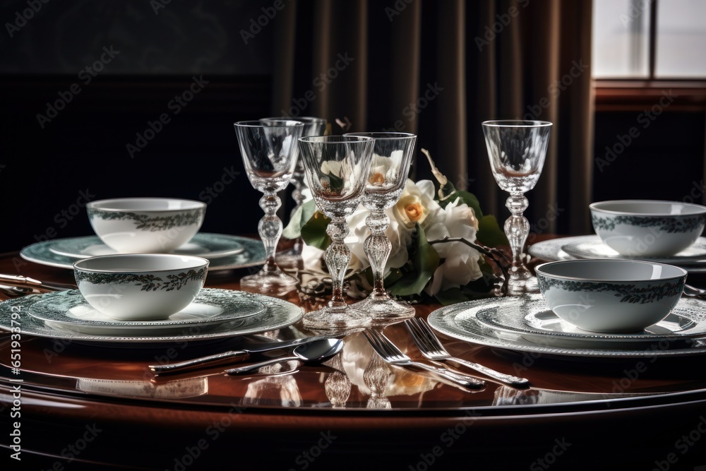Aufkleber A table with a collection of plates and glasses. Perfect for showcasing a dining setup or event.