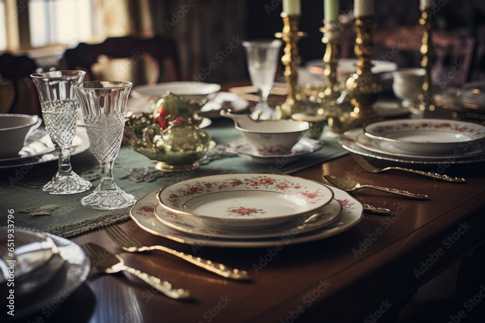 Aufkleber A neatly arranged table set with plates and silverware. Perfect for showcasing dining experiences or restaurant settings.