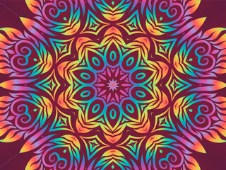 Beautiful colourful caleidoscope gradient batik ethnic dayak flowers line art pattern