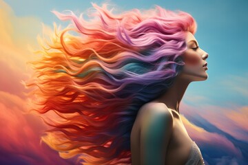 Fototapeta na wymiar A stunning image of a beautiful woman with vibrant, colorful hair against a backdrop of the sky. This picture can be used to represent freedom, creativity, and uniqueness. Perfect for fashion, beauty,