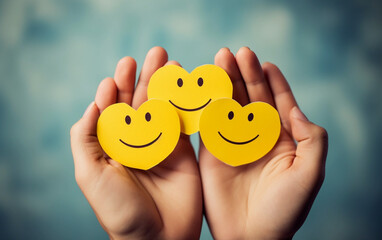 Female hands holding yellow paper cut heart happy smile faces, positive thinking, or mental health assessment , world mental health day concept - Powered by Adobe