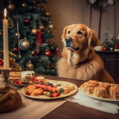 dog with christmas decorations and christmas dinner- generative AI