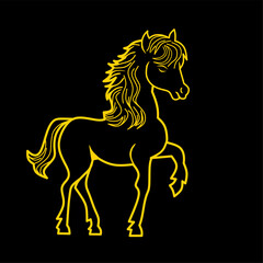 horse lineart illustration design with gold lines on a black background
