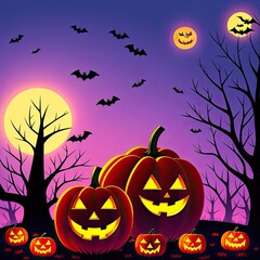 Spooky Halloween Cartoon with Pumpkin Lantern and Bat
