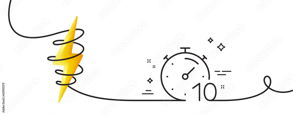 Poster timer 10 minutes line icon. continuous one line with curl. stopwatch time sign. countdown clock symb