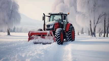 Tractor in winter plowing street or road, agricultural and snow on fields.