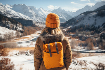 back of a female tourist on hike in the mountains in winter
