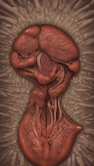 The image is a close-up view of the fetus and the womb. This is in a sepia tone, with a textured background.