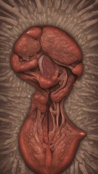 The image is a close-up view of the fetus and the womb. This is in a sepia tone, with a textured background.