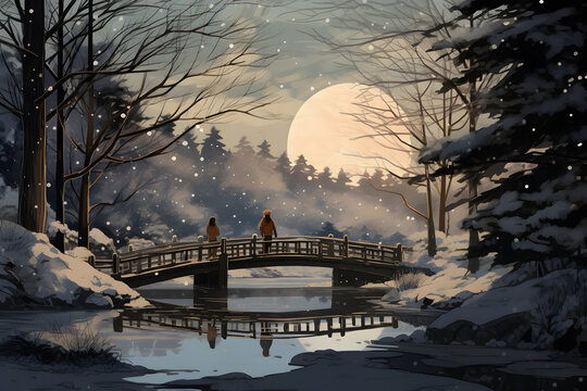 standing on a wooden bridge amidst a snowy landscape, enjoying the tranquil beauty of nature. The bridge is made of wood with horizontal slats and vertical railing