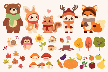 A set of cute woodland animals gathered together in autumn. The animals include a fox, bear, squirrel, hedgehog, deer, and bunny.