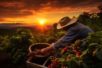 A male farmer harvests coffee beans on a plantation 1 - obrazy, fototapety, plakaty