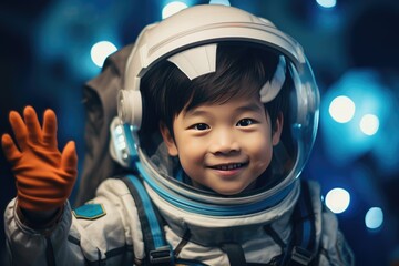 A small child imagines to be an astronaut waring an astronaut's helmet.