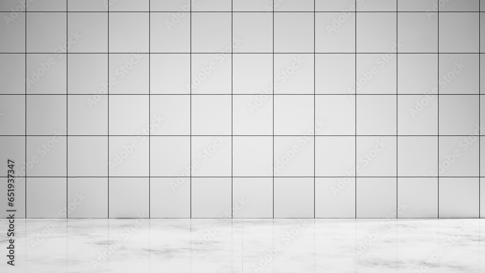 Poster white marble empty table with white tile wall background