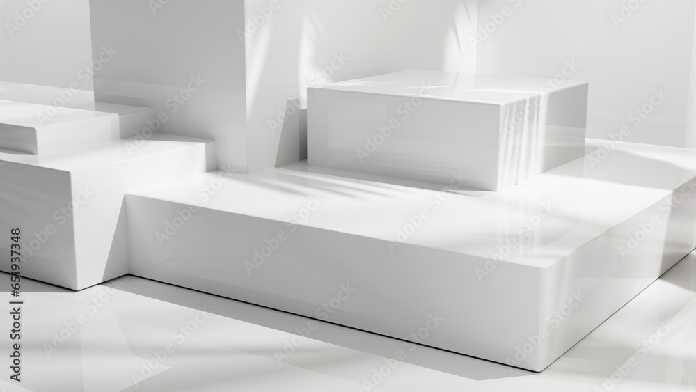 Aufkleber abstract white geometric shapes background with sunlight and palm leafs shadows, place for product p