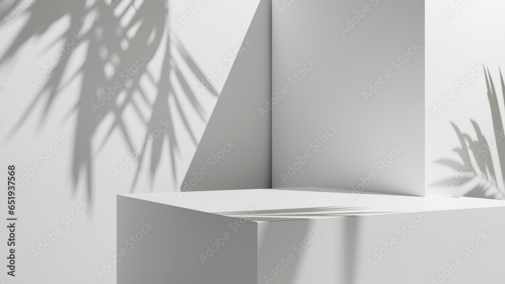 Fototapete White abstract geometric forms with soft light and palm leafs shadows, empty white table for design and advertisement and production placement, podium with empty blank space and walls background