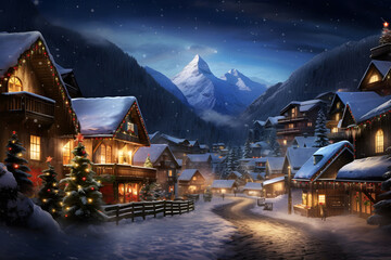 winter evening in a mountain village. The snow-covered roofs of the cozy, illuminated houses contrast beautifully with the darkening skies