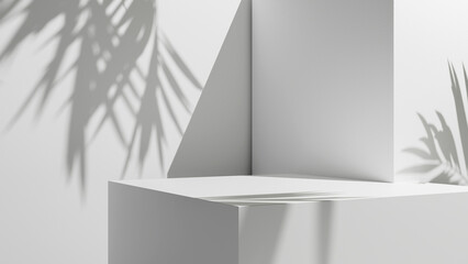 White abstract geometric forms with soft light and palm leafs shadows, empty white table for design and advertisement and production placement, podium with empty blank space and walls background