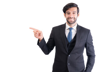 Portrait young successful stock market broker businessman isolated on white background Young successful business man smiling wearing suit with tie He pointing finger to copy space with smile face