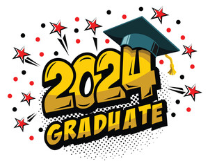 2024 class graduate header. Decorate congratulation for school graduates in comic cartoon style. Vector on transparent background
