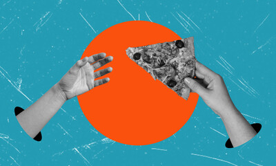 Digital collage of contemporary art. A hand giving and receiving a slice of delicious pizza.