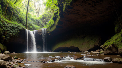 Waterfall, cave in rainforest, park, Generative Ai.