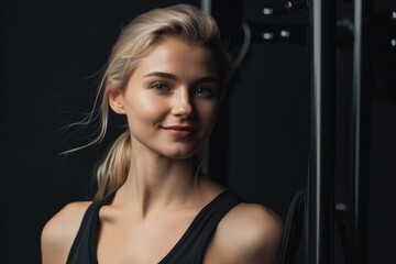 Smiling fit young blonde woman in a fitness rack - obrazy, fototapety, plakaty