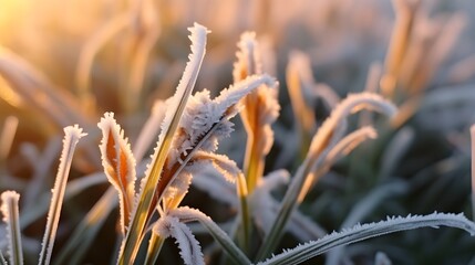 Winter crops, wheat damaged by early spring frosts, frozen plants in the meadow at sunrise, germinated grain in agricultural fields covered with hoarfrost, sowing wheat campaign in the spring. - obrazy, fototapety, plakaty