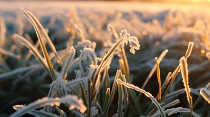 Winter crops, wheat damaged by early spring frosts, frozen plants in the meadow at sunrise, germinated grain in agricultural fields covered with hoarfrost, sowing wheat campaign in the spring.