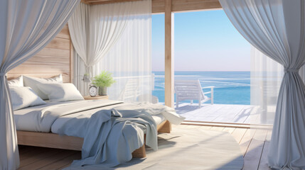 A bedroom with a coastal theme, white beadboard walls, seashell decor, a canopy bed with sheer curtains, and a balcony overlooking the ocean - obrazy, fototapety, plakaty
