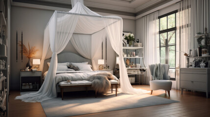 A bedroom with a canopy bed draped in gauzy curtains and cozy reading corner - obrazy, fototapety, plakaty