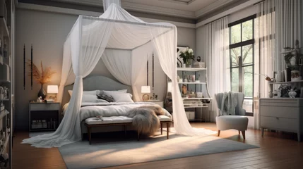 Fotobehang A bedroom with a canopy bed draped in gauzy curtains and cozy reading corner © Textures & Patterns