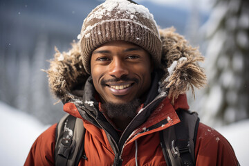 Portrait of happy smiling black male tourist climber on hike in mountains in winter