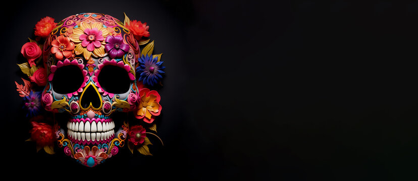 Day of the Dead Sugar skull in flowers. Dia de los Muertos traditional decoration isolated on black background. 