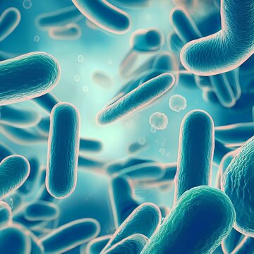 The bacteria cells are rod-shaped and are floating in a liquid environment. The overall mood of the image is scientific and microscopic.