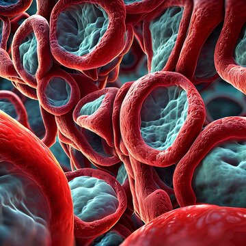 A 3D-rendered image of a microscopic view of red blood cells. The red blood cells are shown in a deep red color and are densely packed together.