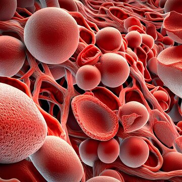 A 3D rendering of red blood cells in a vein. The red blood cells are round and red and have different shapes