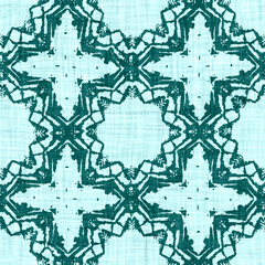 Teal blue white vibrant watercolor batik azulejos tile border banner background. Seamless coastal blur linen effect geometric mosaic effect. Patchwork nautical masculine summer ribbon trim. 