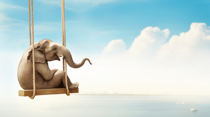 Elephant sitting on a swing above water. Concept of freedom and happiness.