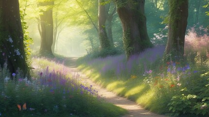 A sun dappled forest glade where wildflowers carpet the ground in a riot of colors