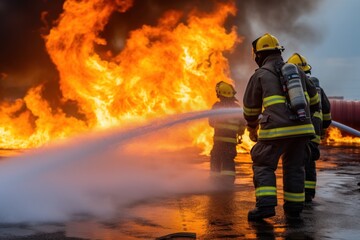 Naklejka premium Firefighters, Firemen spraying high pressure wate.fire fighter Using Twirl water mist fire extinguishers to fight flames to control fires from spreading.
