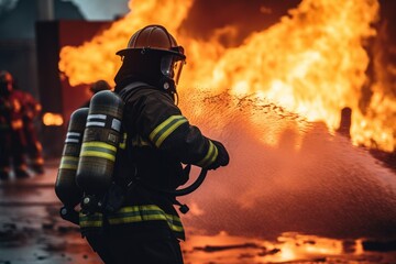 Firefighters, Firemen spraying high pressure wate.fire fighter Using Twirl water mist fire extinguishers to fight flames to control fires from spreading.