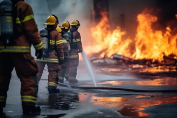 Firefighters, Firemen spraying high pressure wate.fire fighter Using Twirl water mist fire extinguishers to fight flames to control fires from spreading. - 651941774