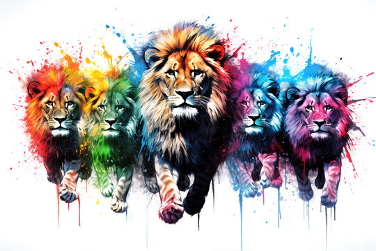 Image of herd of colorful lions on white background. Wildlife Animals. Generative AI, Illustration.